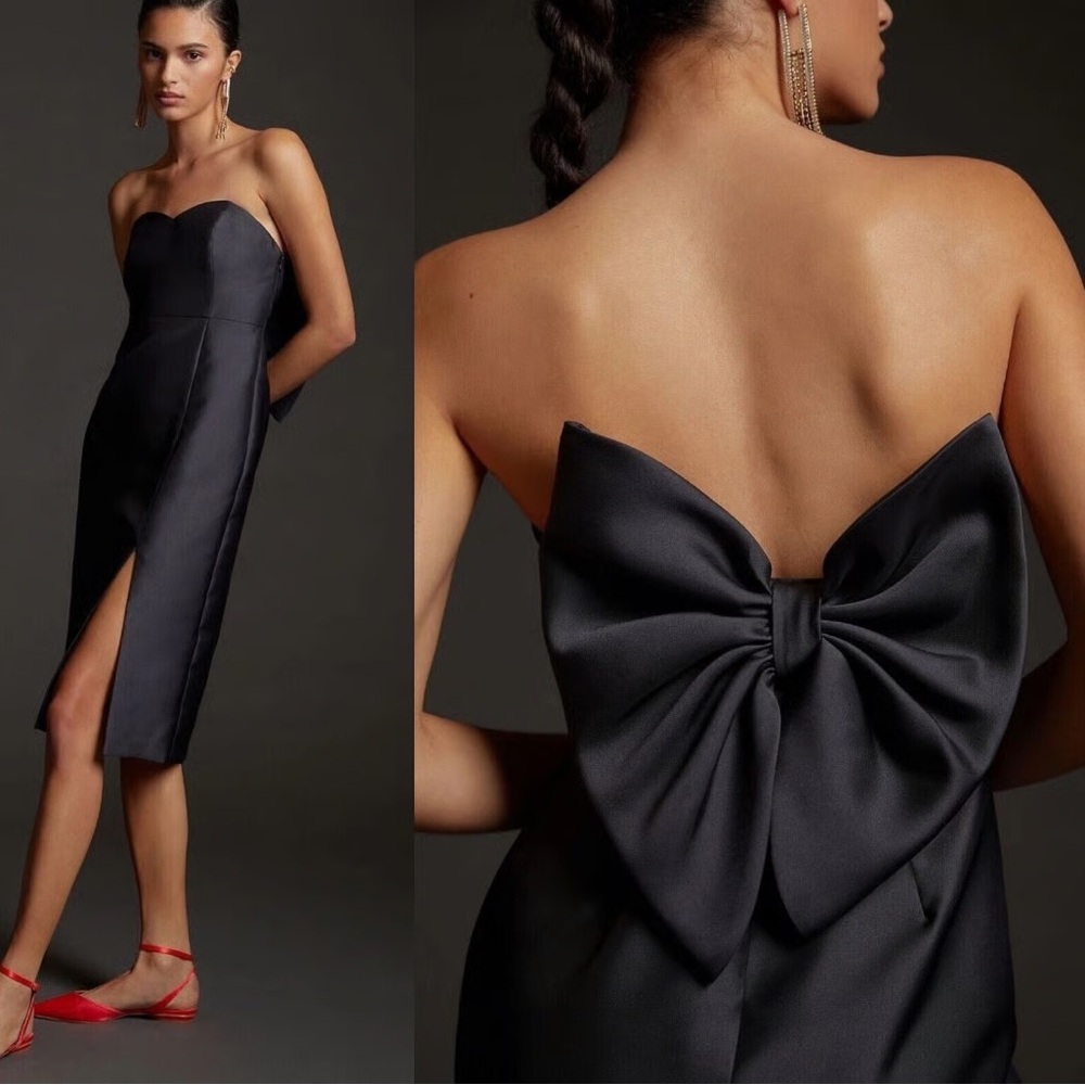 Hutch Strapless Black Satin Midi Dress with Back Bow